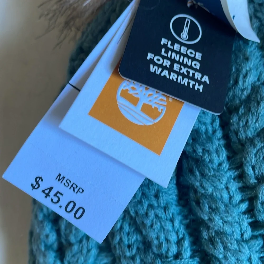 Timberland Heavy Cable Knit PomPom Beanie with Fleece Lining NWT
